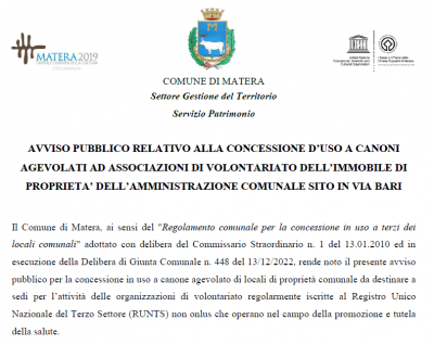 Concessione d&rsquo;uso a canoni agevolati ad ASSOCIAZIONI DI VOLONTARIATO dell&rsquo;immobile di propriet&agrave; dell&rsquo;amministrazione comunale sito in via Bari